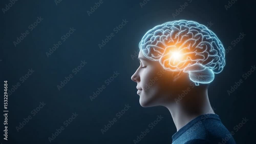 Poster mindful contemplation: a serene silhouette of a person in profile with a brightly glowing brain, sym