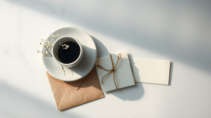 Aesthetic flat lay of coffee in a white cup with stationery on a marble surface.
