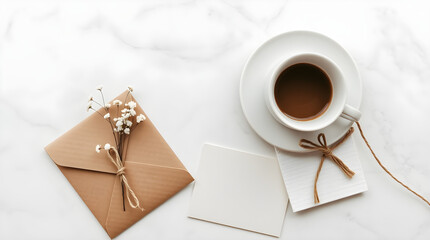 Aesthetic coffee cup with brown coffee, card, and envelope on a marble table.