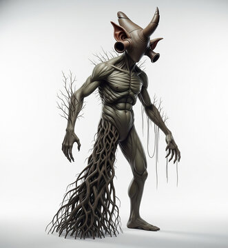 Astral humanoid monster without a face with different body parts in leather clothes