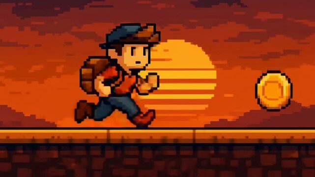 Retro pixel character running at sunset in 2D game world