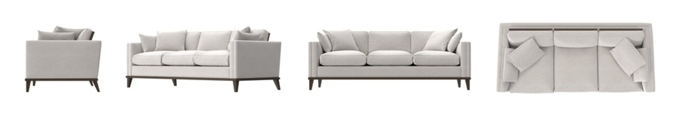 light fabric wood-leg sofa furniture multiple view isolated.