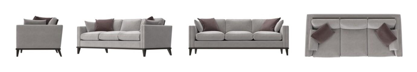 gray fabric sofa with accent pillows multiple view isolated.