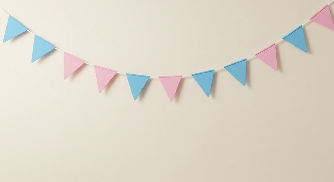 Blue and pink party banner hanging on a white wall. Celebratory decoration for baby shower or birthday party. Gender reveal.
