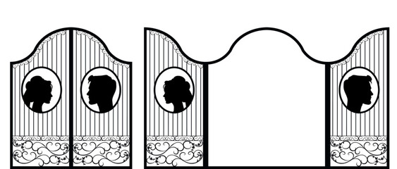 Wrought iron gate, Vintage wedding invitation card. Silhouette of a prince and princess. Bride and groom. Castlecore style stencil. Vector © Мария Василенко