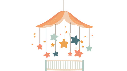 Obraz premium The image showcases a digital illustration of a baby mobile. The mobile features a peach-toned canopy-like structure from which multiple pastel-colored stars in shades of yellow, teal, and orange