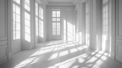 Sunlit, expansive white room with tall windows and paneled walls, showcasing dramatic light and shadow play across the polished floor