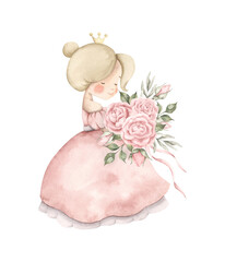 Pink dreams. Watercolor hand-drawn illustration with little princess girl in pink dress with bouquet of pink roses. Fairytale illustration for baby girl. For design girls's parties and nursery.