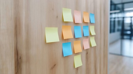Colorful sticky notes arranged in a grid on a sleek wooden wall, showcasing a vibrant approach to organization and creativity