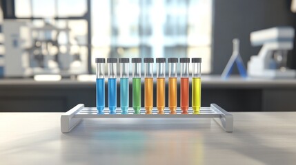 Vibrant Test Tubes in Laboratory Setting, Colorful liquids in test tubes arranged neatly, surrounded by scientific research equipment and tools