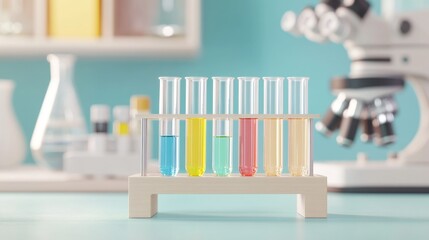 Vibrant test tubes in a laboratory setting, filled with colorful liquids, surrounded by research instruments and equipment