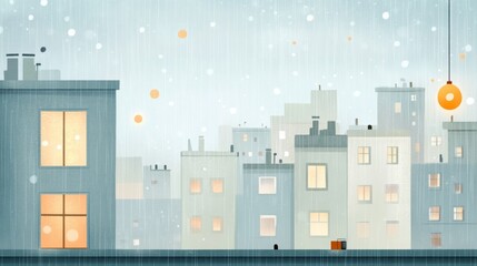 Rain-soaked cityscape, glimmering lights through a window, urban ambiance enriched by a gentle downpour and soft reflections.