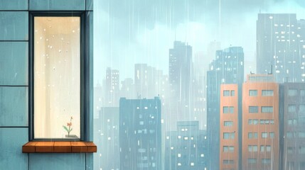 Rainy cityscape, droplets on glass, illuminated buildings, soft glow, moody urban atmosphere, serene yet vibrant scene