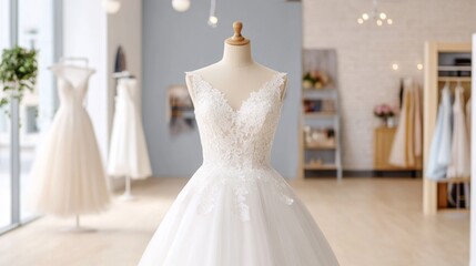 Elegant wedding dress on mannequin, minimalist showroom, soft lighting, intricate lace details showcased beautifully