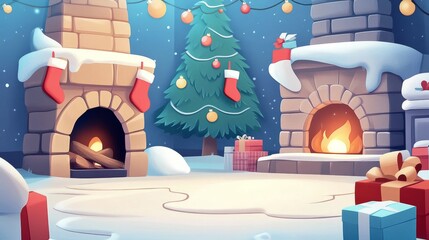 Cozy Christmas Gathering, warm fireplace, festive stockings, beautifully adorned tree, inviting holiday atmosphere, perfect for seasonal celebrations