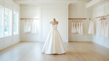 Elegant satin wedding gown showcased in a bright showroom, highlighting soft fabric, intricate beadwork, clean lines, white walls