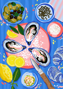 Mediterranean Still Life with Oysters, Olives and Blue Table Setting