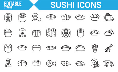Sushi and Japanese Cuisine Icons | Editable Maki, Nigiri, Sashimi Symbol Set