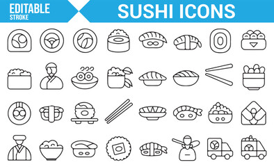 Editable Sushi Symbols | Icon Set Featuring Maki, Sashimi, and Fish Dishes