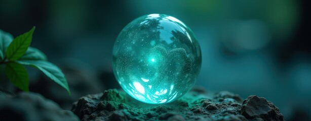 Small, clear, blue ball sits on a rock. The ball is surrounded by a green leaf