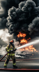 A firefighter in protective gear extinguishes a burning fire with thick black smoke