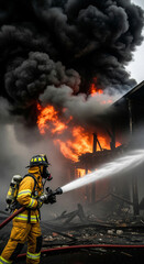 A firefighter in protective gear extinguishes a burning fire with thick black smoke