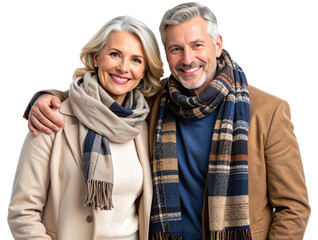 Stylish Mature Couple with Neck Scarves and Light Outerwear, Transparent Background.