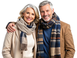 Stylish Mature Couple with Neck Scarves and Light Outerwear, Transparent Background.