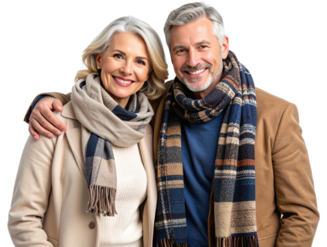 Stylish Mature Couple with Neck Scarves and Light Outerwear, Transparent Background.