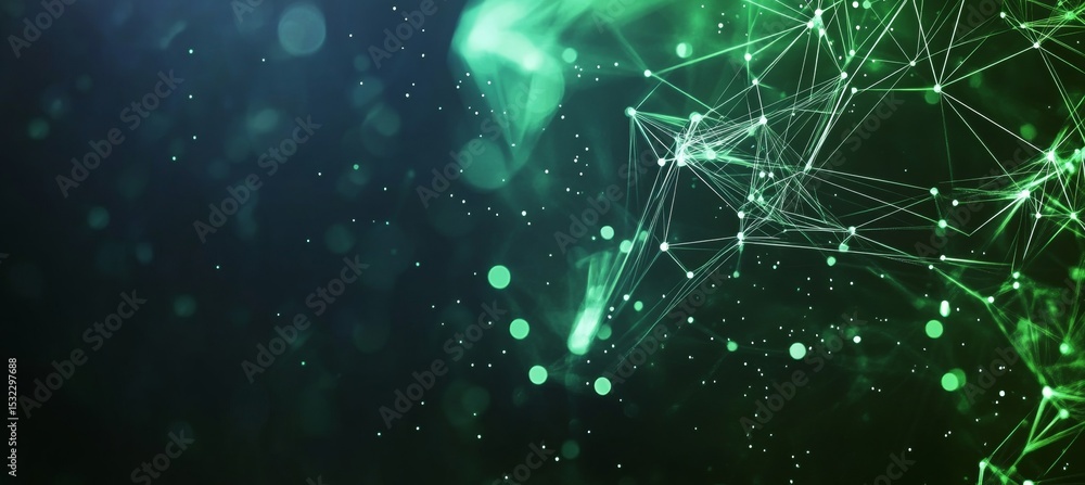 Poster contemporary interconnected dots and illuminated light lines in abstract green polygonal design