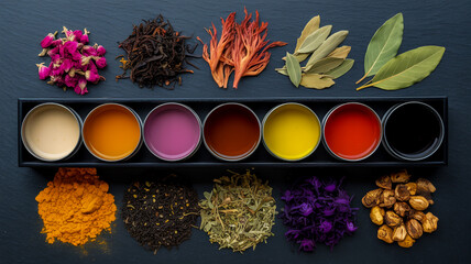 A top-down view of a colorful tea and spice display on a dark slate surface.