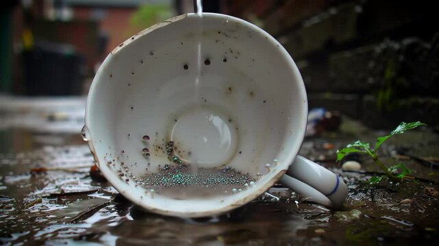Raindrops filling a neglected white cup with iridescent beads on gritty wet urban ground close up