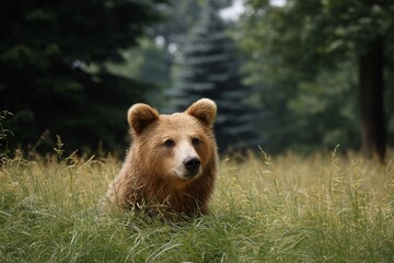 Fototapeta premium Brown Bear in Lush Green Grassy Meadow