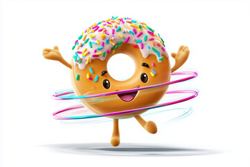 Happy Cartoon Donut Mascot with Colorful Sprinkles and Dynamic Pose. Perfect for playful designs, marketing materials, or kids' content