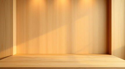 Wooden display stand with warm lighting, ideal for product showcasing and presentations, studio concept.