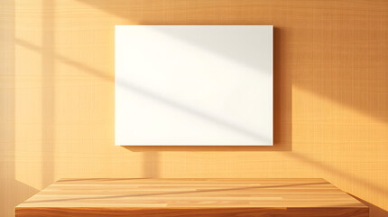 A blank white canvas hanging on a wooden wall above a wooden table