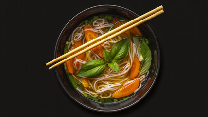 A top-down view of a Vietnamese Pho soup in a matte black ceramic bowl against a black background.