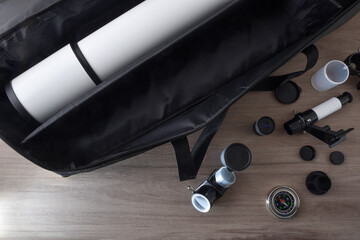 Telescope and telescope parts with its carrying bag ready for exploration