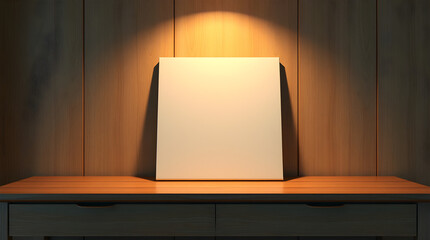 Blank square canvas on a wooden table with wood-paneled wall in the background and spotlight