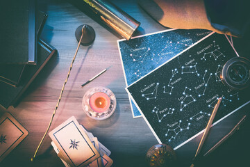 Esoteric study and prediction with maps, cards and vintage objects