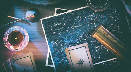 Esoteric astrological background detail with map with constellations and objects