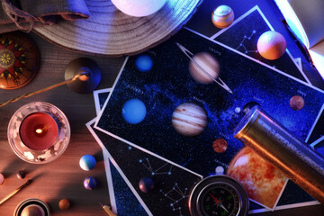 Concept of exploring planets and constellations with table with objects