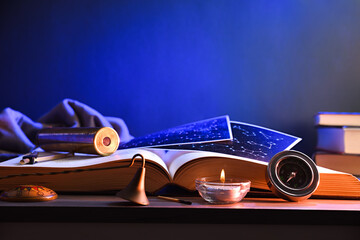 Concept of exploring planets and constellations objects on table