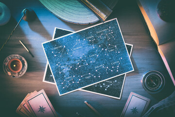 Astrological background of study and forecast with maps on table