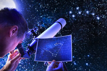 Concept of man searching for constellations with telescope and guide