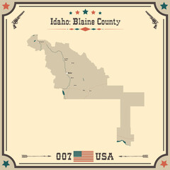 Large and accurate map of Blaine County, Idaho, USA with vintage colors.