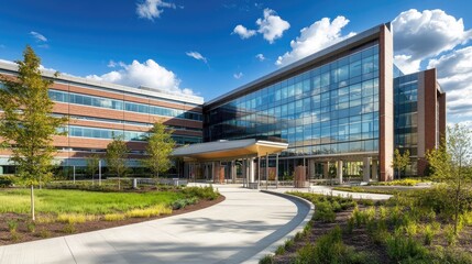 Obraz premium Hospitals adopting low-carbon energy sources like solar panels, green HVAC systems, efficient lighting, medical waste reduction, and sustainable patient care infrastructure