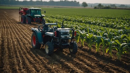 Modern Farming: Tractor Plowing a Lush Field at Sunset