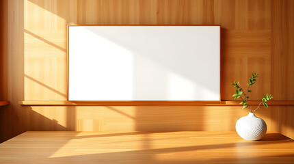 Wooden room with a blank white canvas and vase with green plant on the table.
