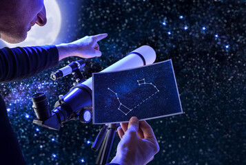 Concept of man pointing constellations with telescope and guidebook